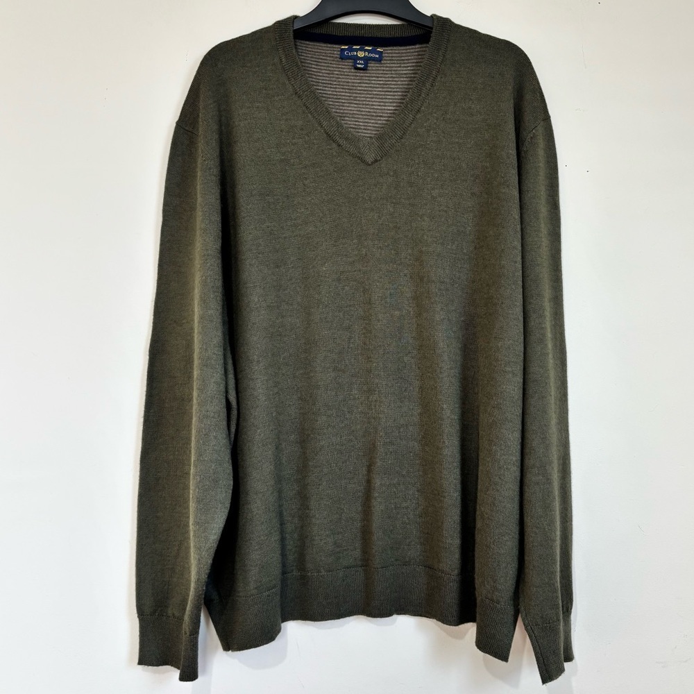 Club Room Men's XXL Classic Green Merino Wool Acrylic V Neck Pullover Sweater